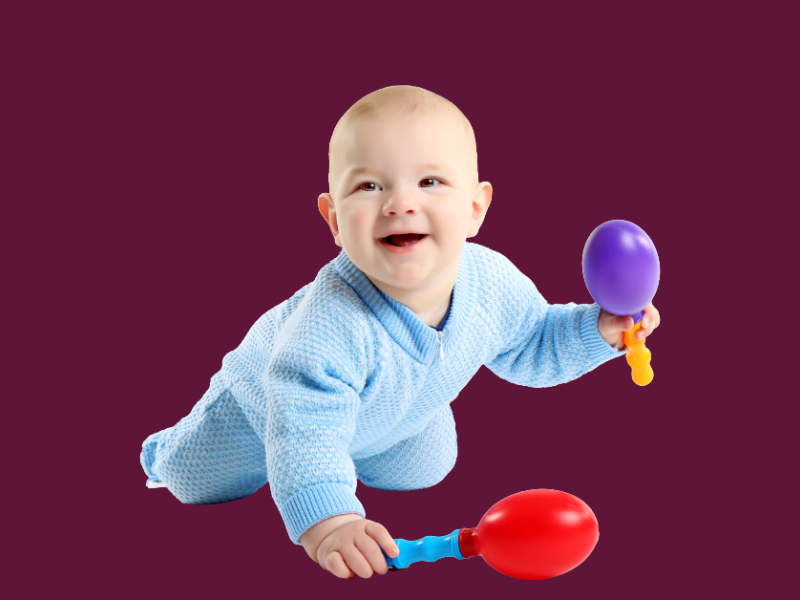 Baby med rasleinstrumenter