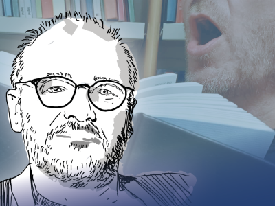 Stregtegning af Hans Wendelboe Bøcher på blåtonet billede af nærbillede af sanger med Højskolesangbogen.