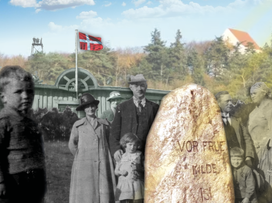 Collage af Thise Kirke og mindestenen ved Vor Frue Kilde