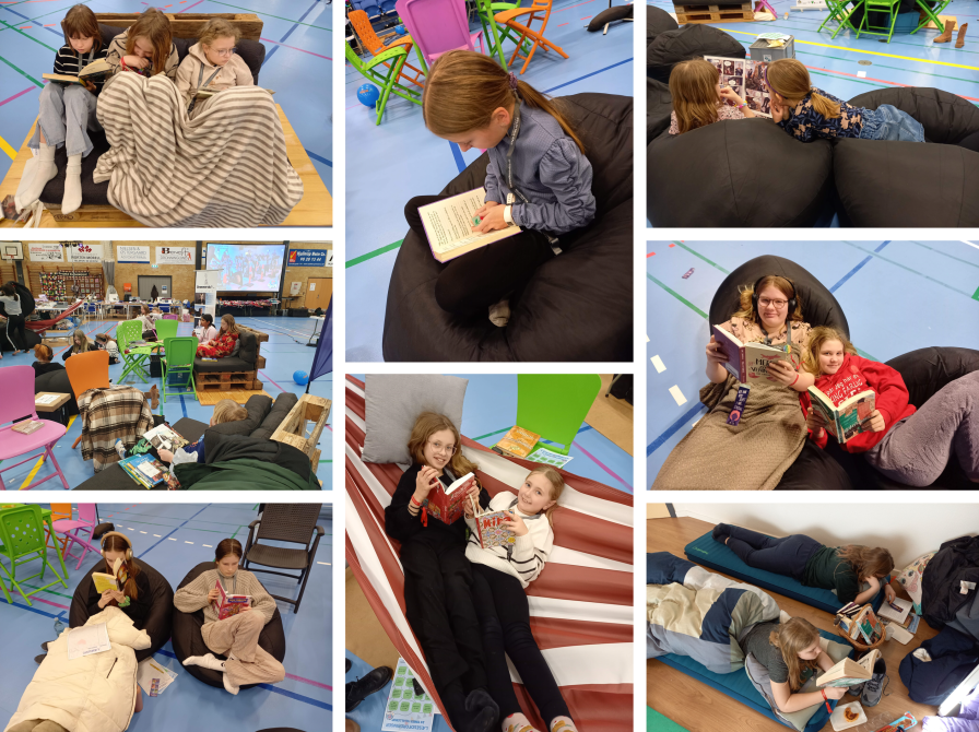 Glade børn der hygger med læsning