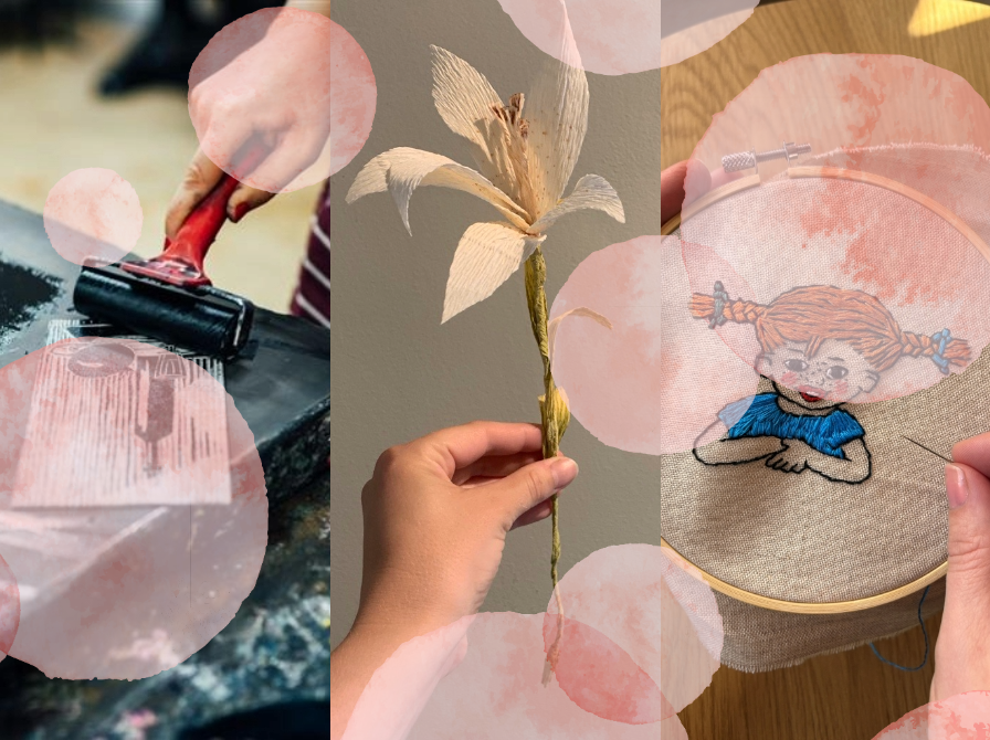 Collage af hænder der laver linoleumstryk, papirblomst og broderi